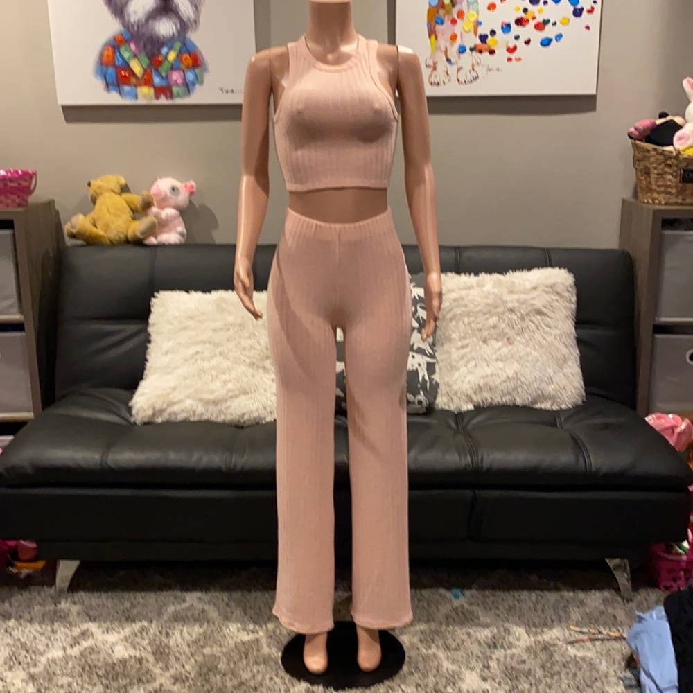 Windsor Baby Pink Knit Wide Leg Flare Pant Crop Top 2 Piece Set XS NWT Lux